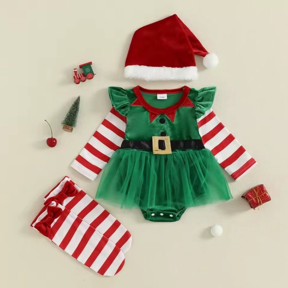 Christmas Elf Baby Girls Velour Romper Jumpsuit Dress Hat & Socks Outfit Set